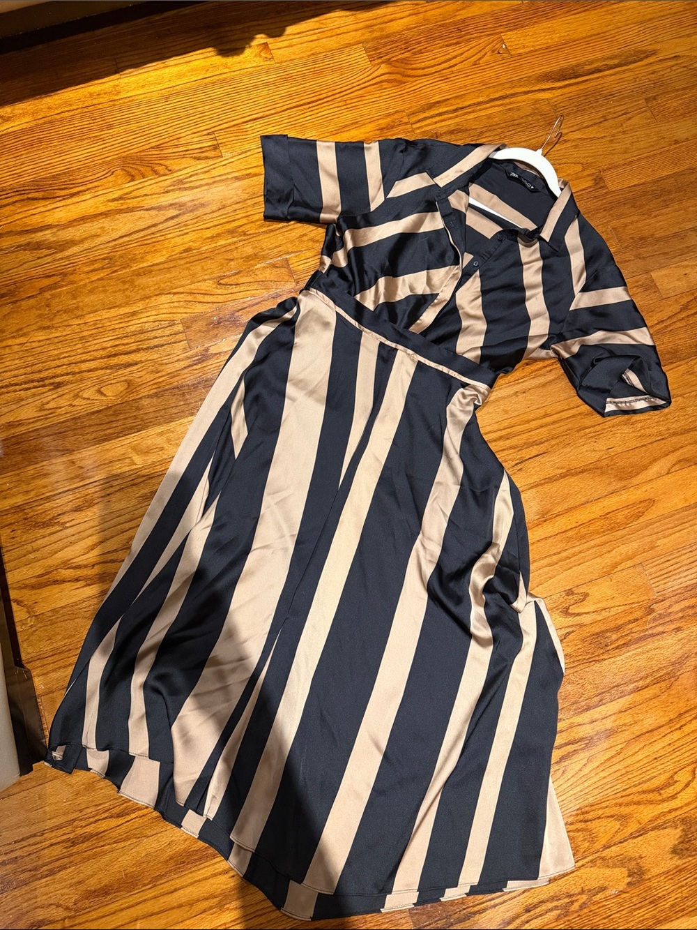 Zara Black and Tan Striped Button-Front A-Line Dress